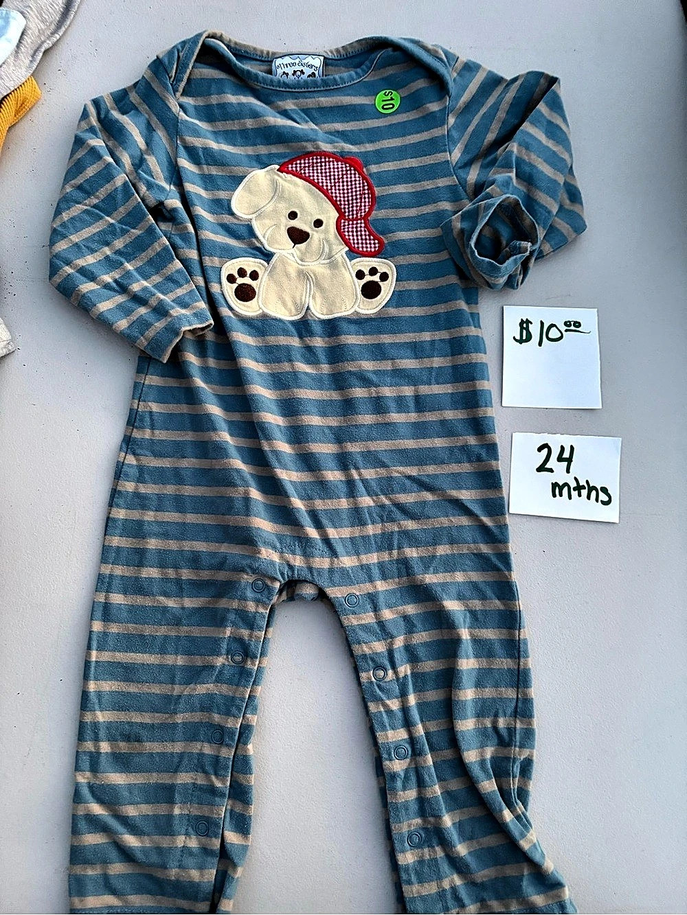 Three Sisters Puppy Applique Blue Stripe Boys Romper & Brown Stripe Romper Baby